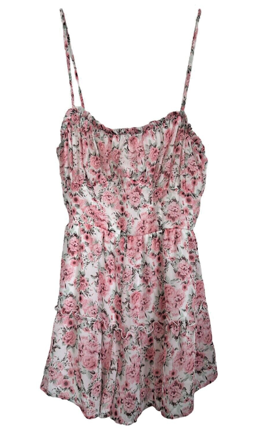 TRIXXI Junior’s Floral Romper Flare Ruffle Lined Size L White w/ Pink Flowers
