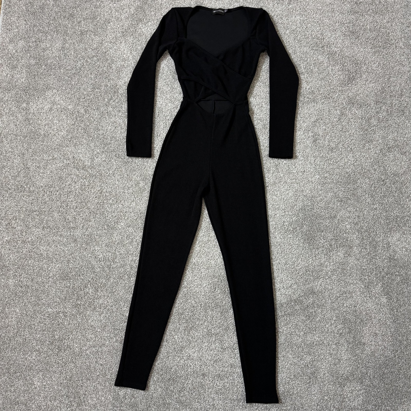 PrettyLittleThing Jumpsuit Womens US 4 Black Long Sleeve Cutout Ribbed Stretch