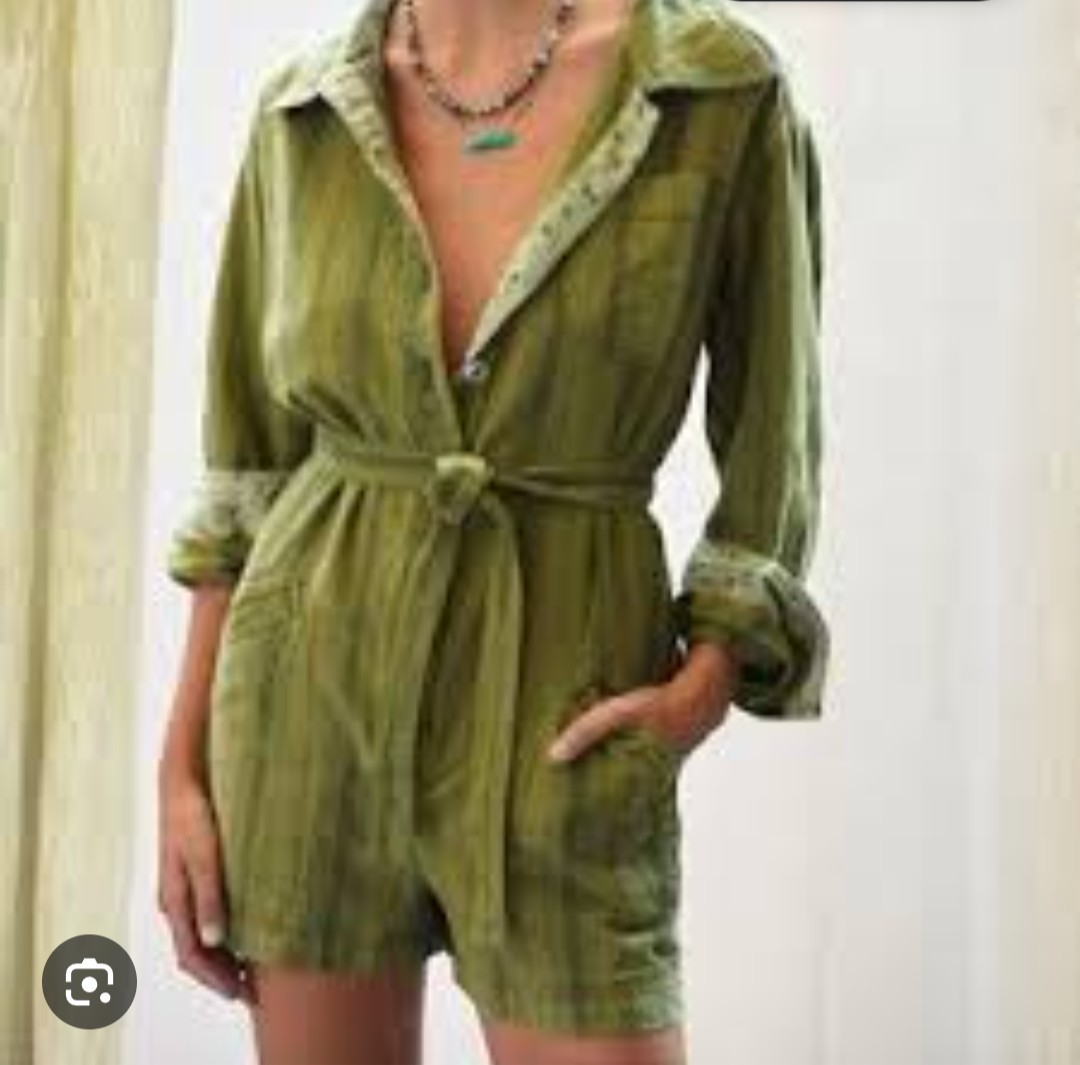 Anthropologie Pilcro Woven Romper M Linen Cotton Moss Green Striped LS Excellent