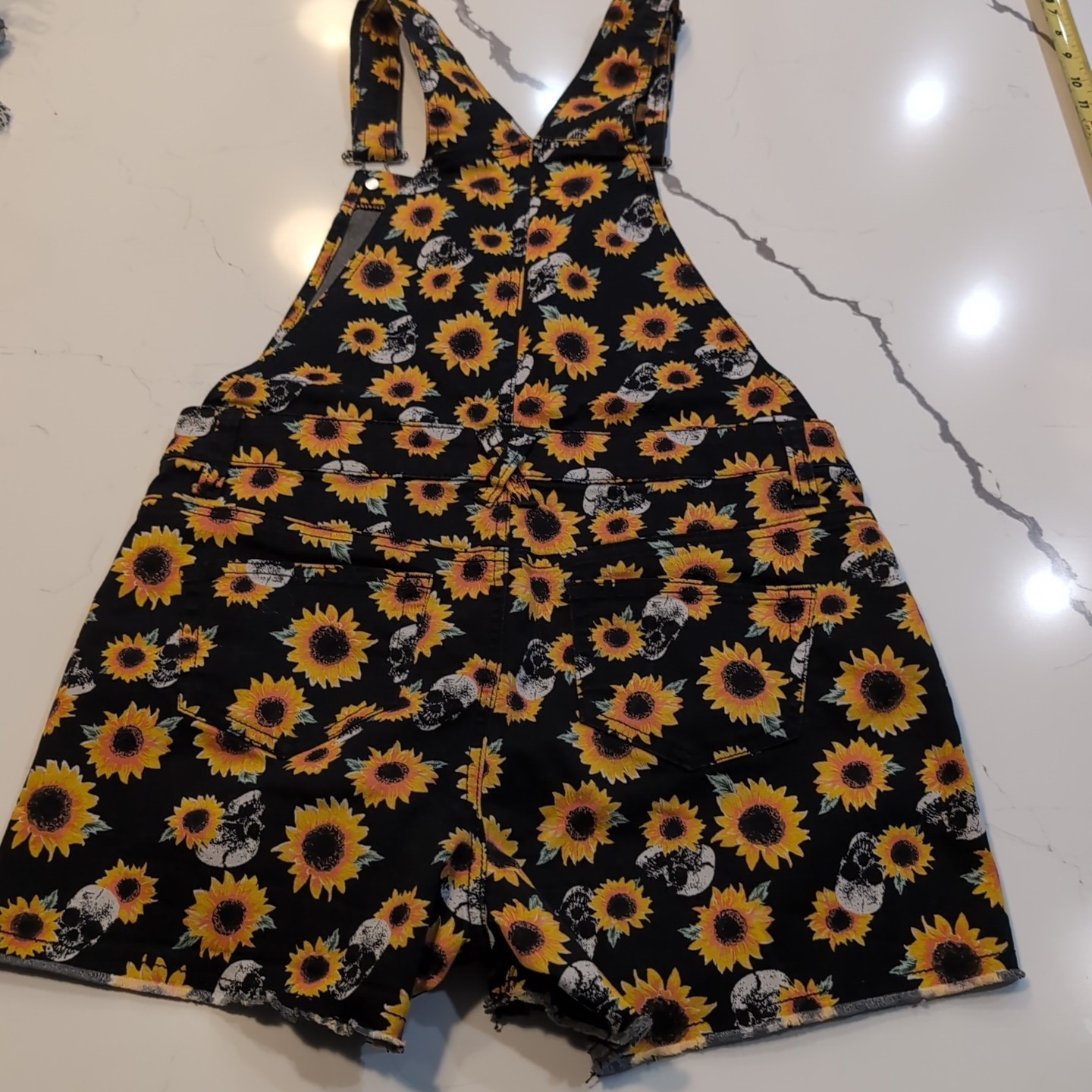 HT Hot Topic Womens Denim Shortall Overalls Small Black Sunflower Skull Print