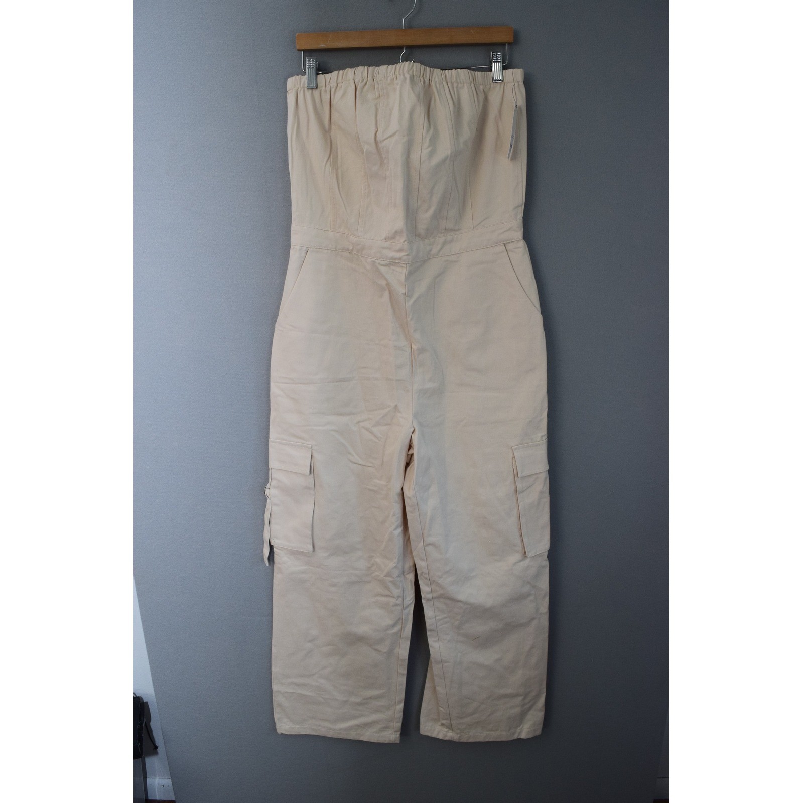 Audrey Parks Francesca’s Jumpsuit Large Cream Strapless Cargo Utility Women New