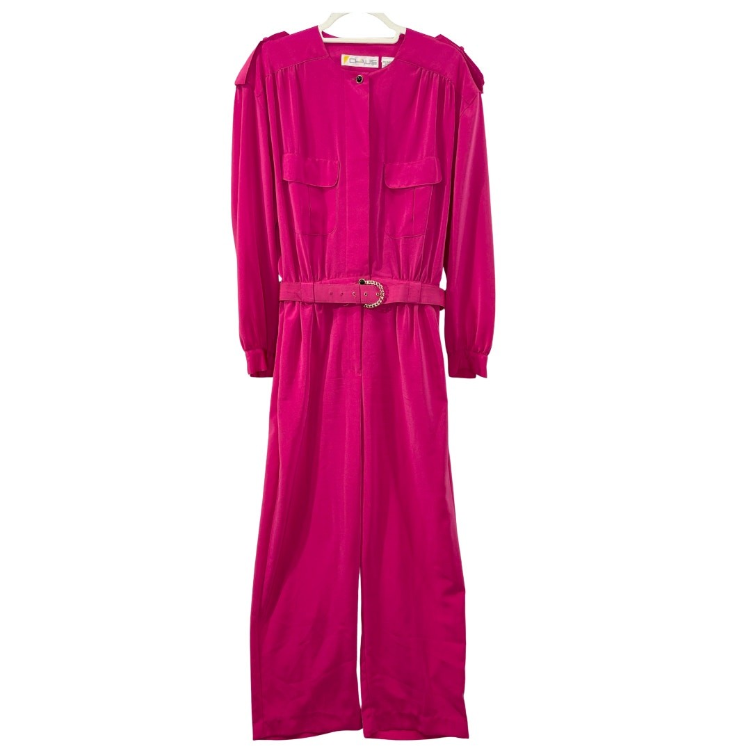 Chaus Size M Jumpsuit 80s Hot Pink Belted Statement Outfit Power Suit Wide Leg