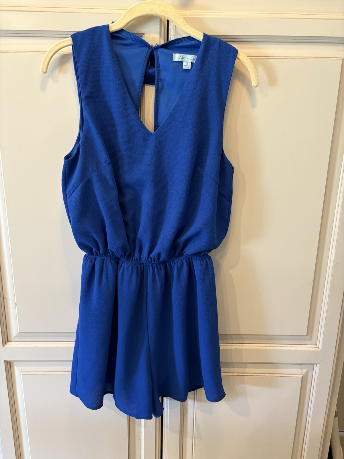 She + Sky Romper Size Small Key Hole Open Back Royal Blue Shorts Under Skirt N