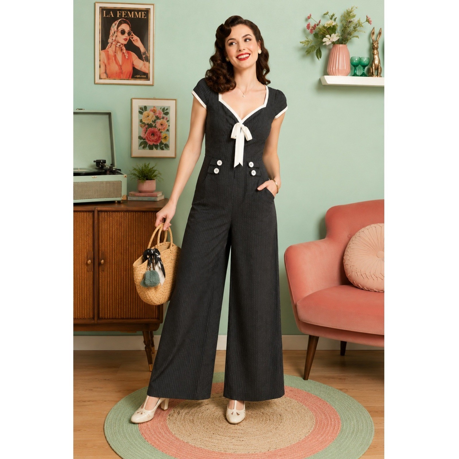 Voodoo Vixen Jumpsuit Women S Pinstripe Pinup Wide Leg SAILOR NAUTICAL RETRO 40s