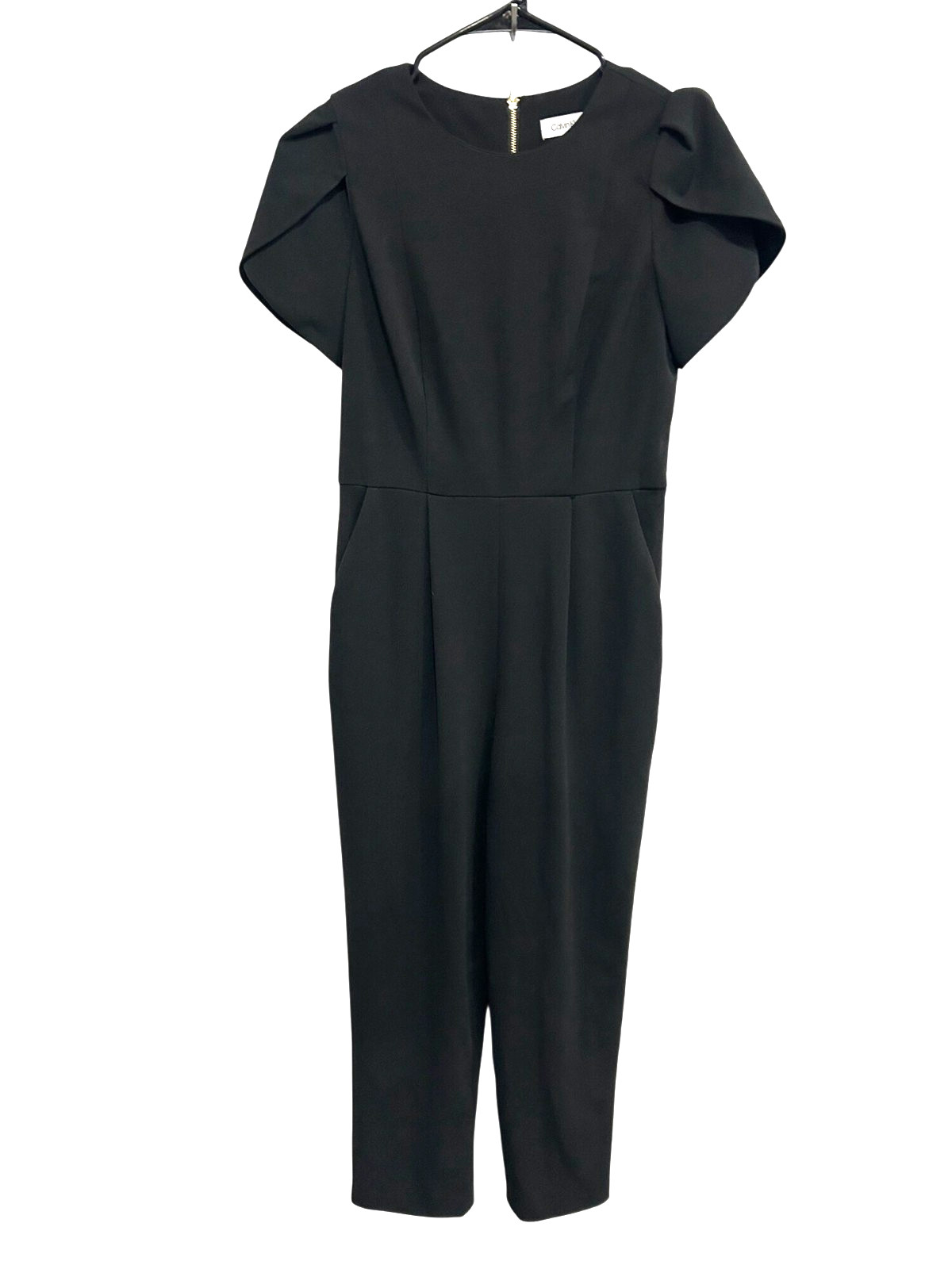 Calvin Klein Sz 6 Black Pleated Flutter Sleeve Jumpsuit Minimalist Quiet Luxury