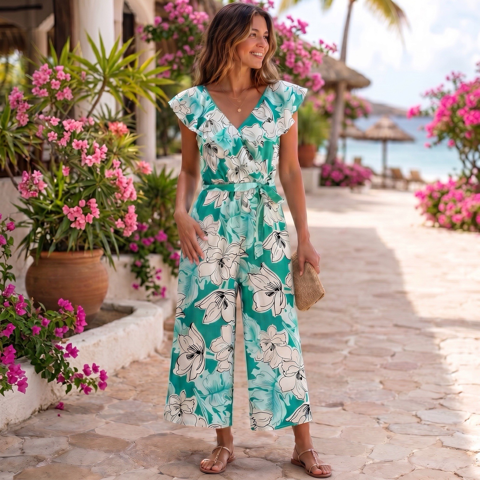 LUXOLOGY Size XL Tropical Floral Cropped Leg Jumpsuit Ruffled Belted Resortwear