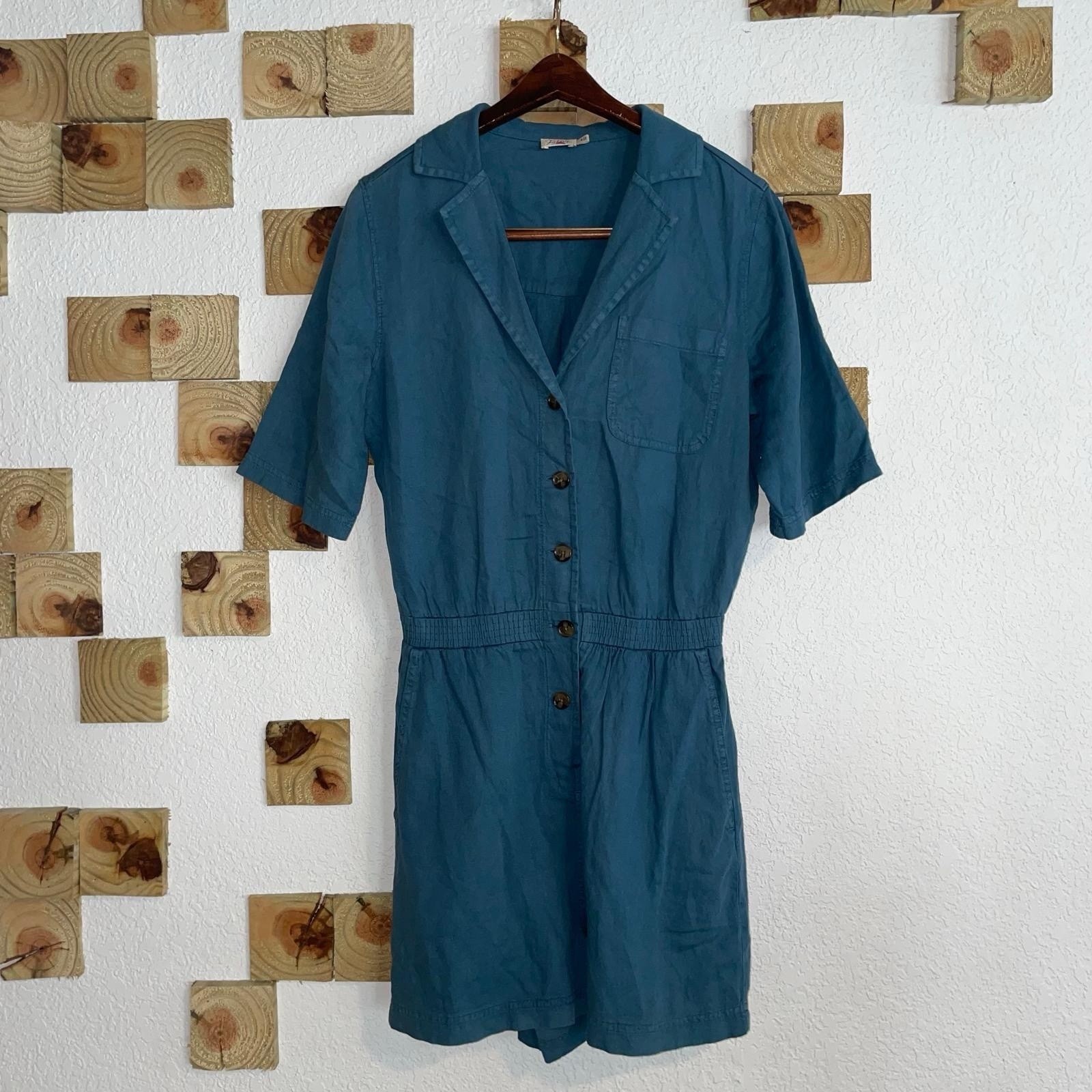 Faherty Arlie Romper Womens Small Green Blue Button Pockets Linen Blend Comfort