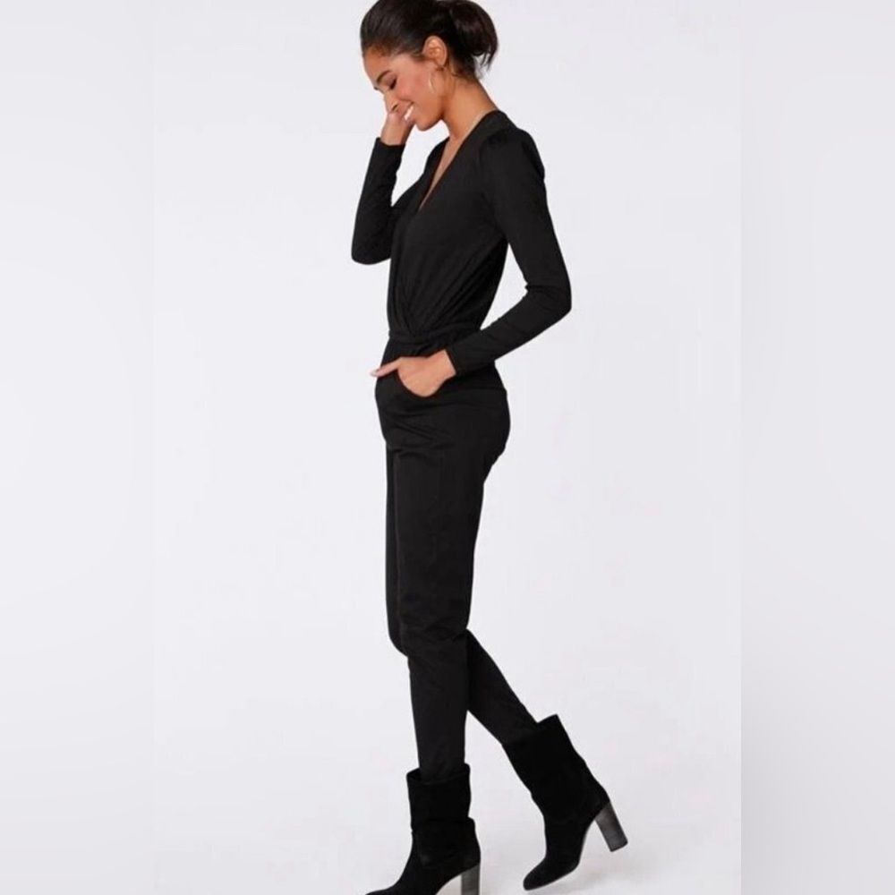 BOBI Revolve Women’s Black Drape Front Size Med Modal Surplice Jumpsuit