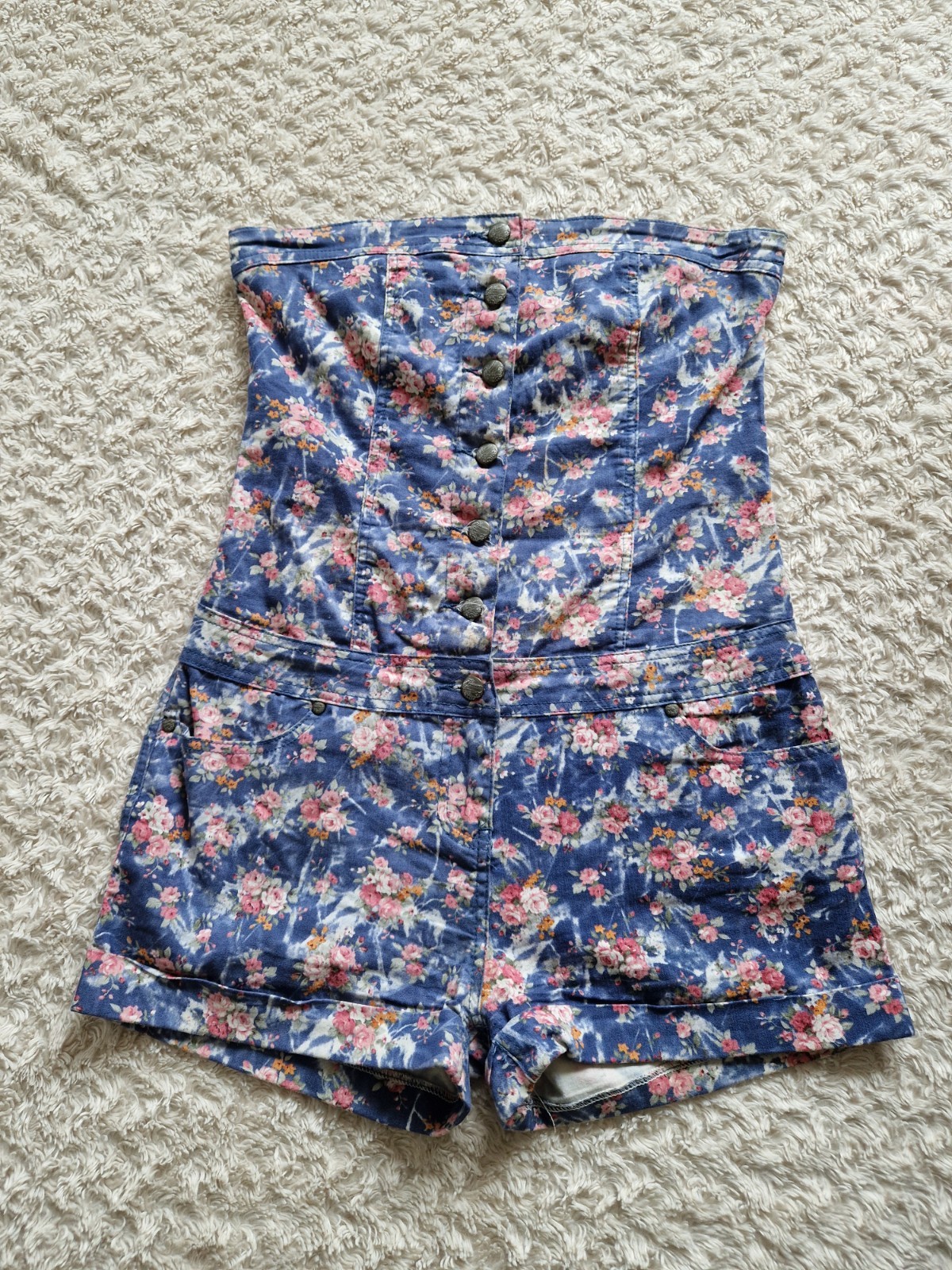 Womens Parisian floral Denim button up strapless Bandeau Playsuit size 14 Summer