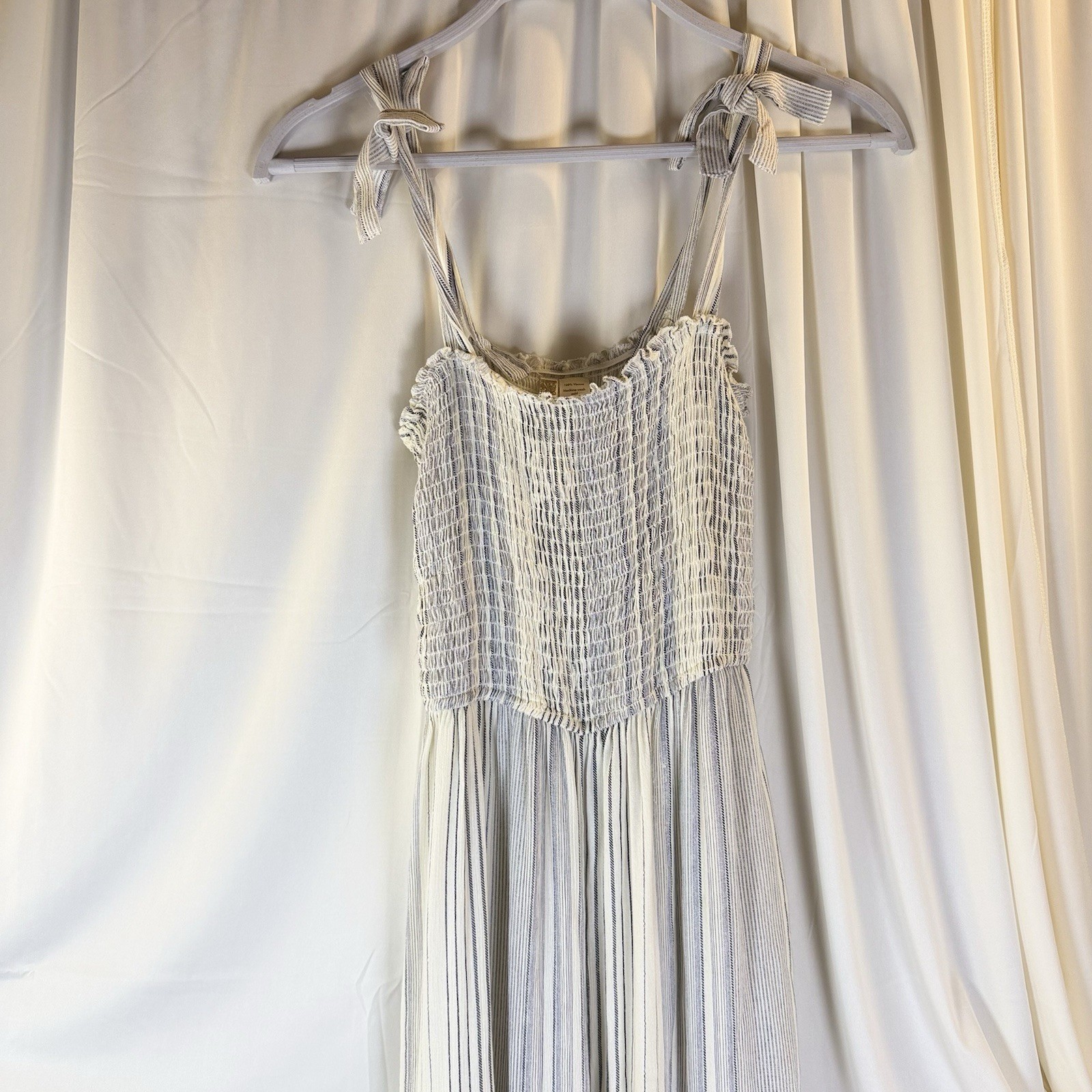 Japna Women’s Ivory/Blue Striped Smocked Tie Shoulder Wide Leg Jumpsuit Small