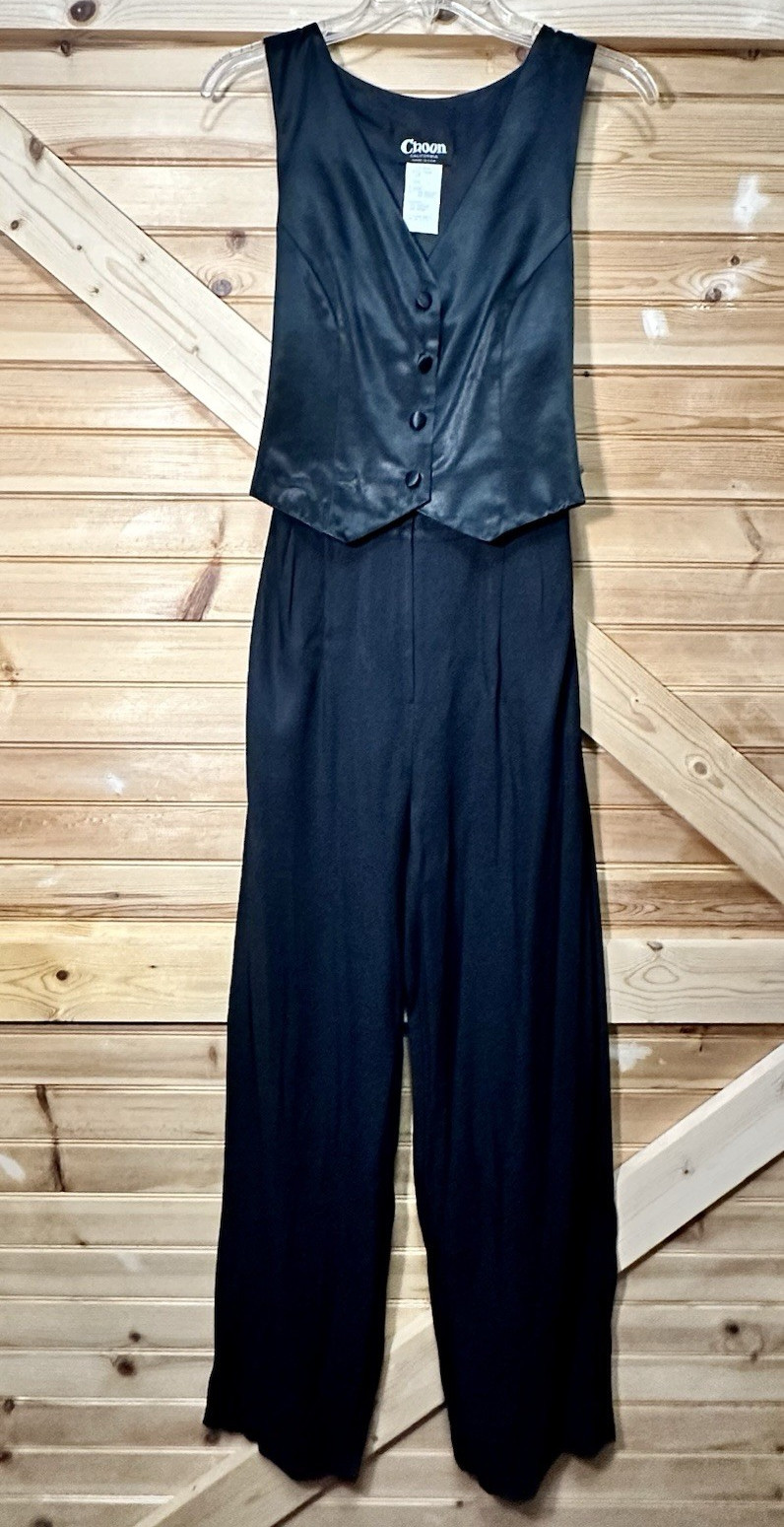 Choon California Black Satin V-Neck Sleeveless Button Front Jumpsuit Size 8