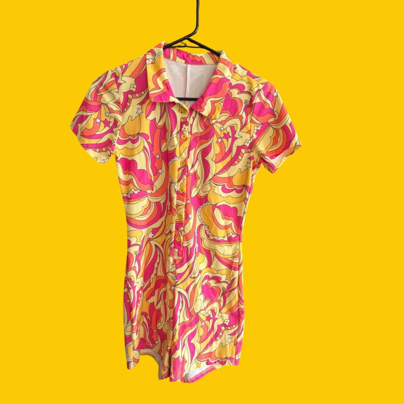Vintage Style Psychedelic Swirl Romper Pink Orange Yellow Retro 70s Print M