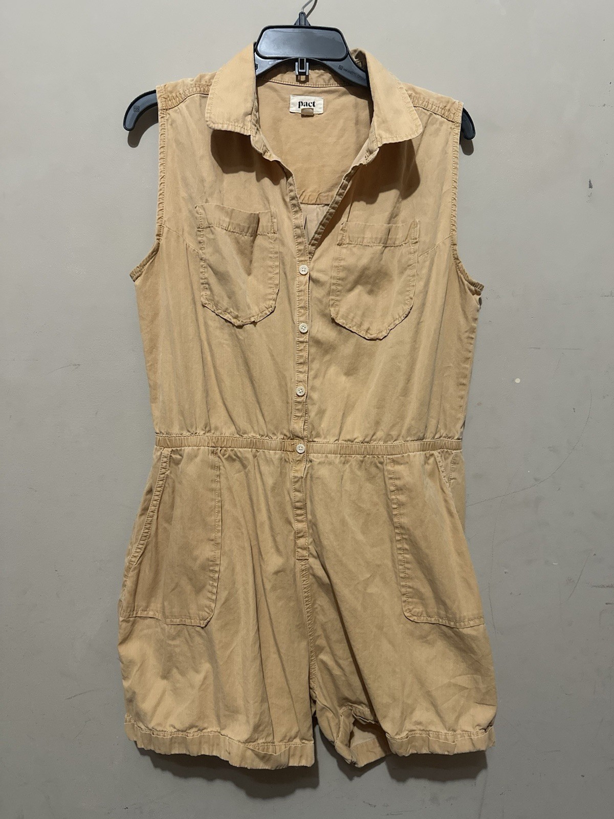 Pact Organic Cotton Sleeveless Romper Size L Tan Button Front Utility Minimalist