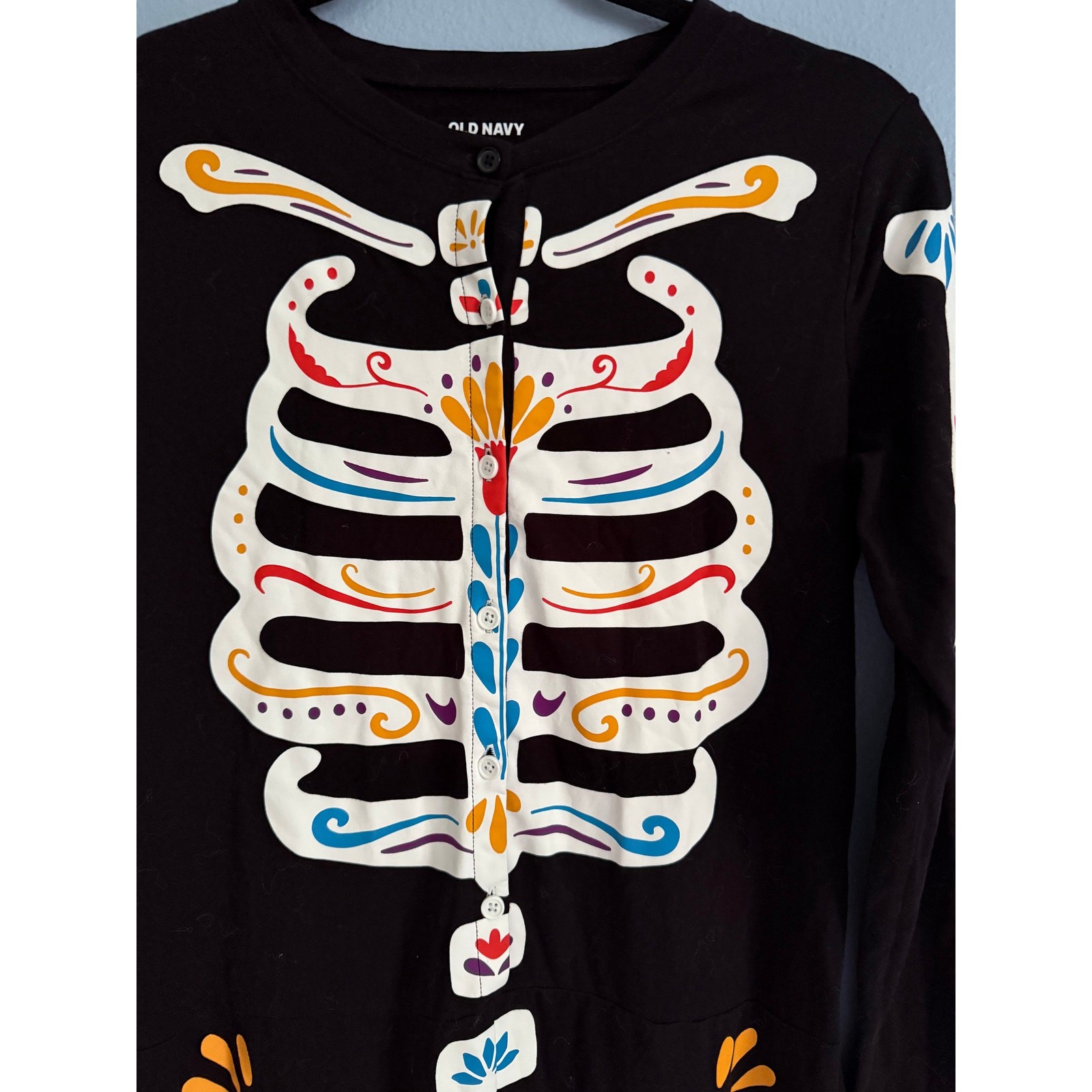 Old Navy Sugar Skull Skeleton Pajama One Piece Union Suit Medium Halloween