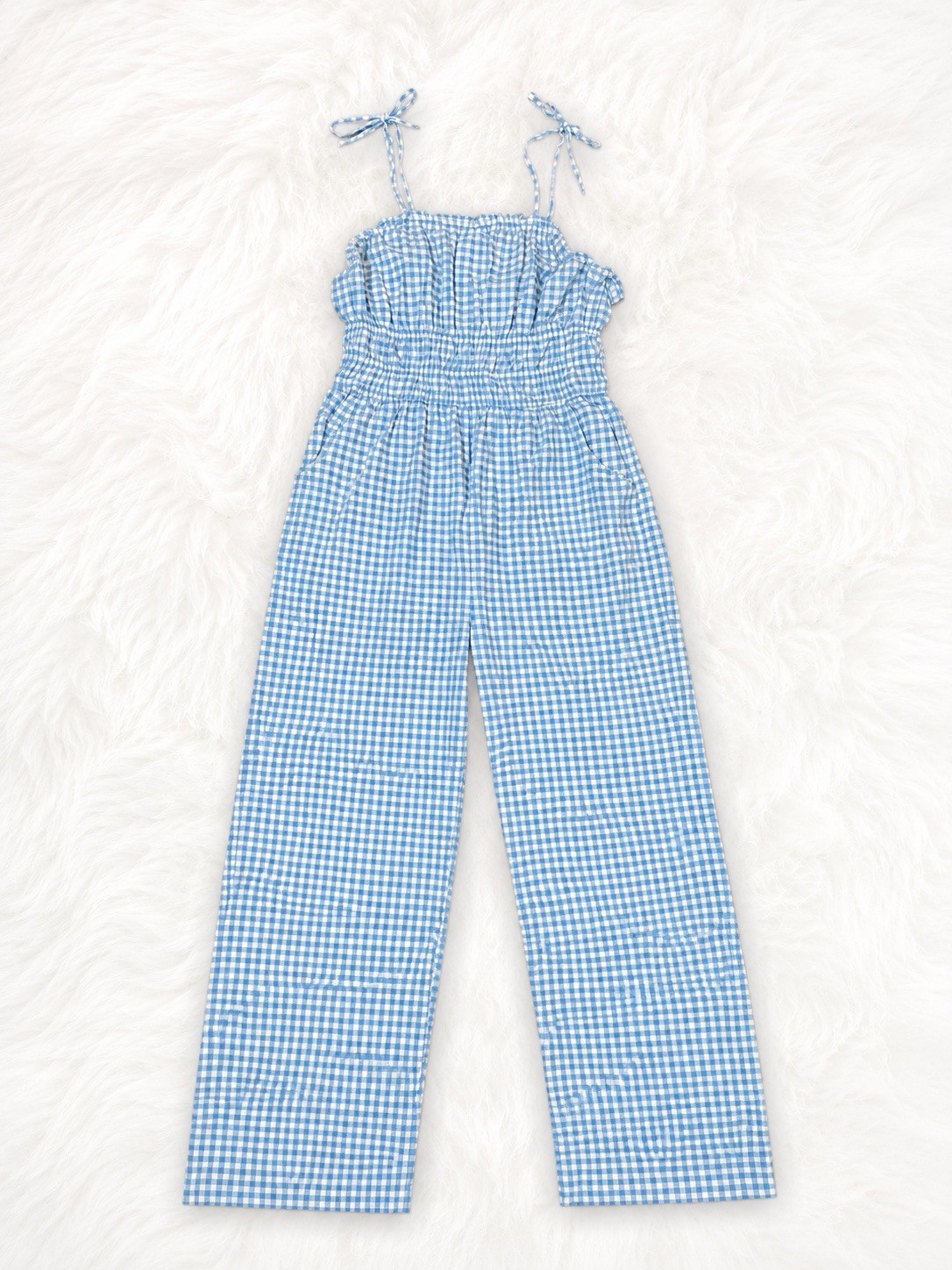 Sincerely Jules XL Blue Gingham Smocked Jumpsuit Wide Leg Pockets Cottagecore