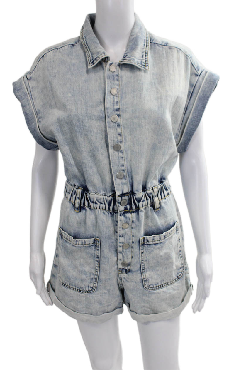 BLANKNYC Womens Blue Collared Short Sleeve Romper Cotton Button Size XS