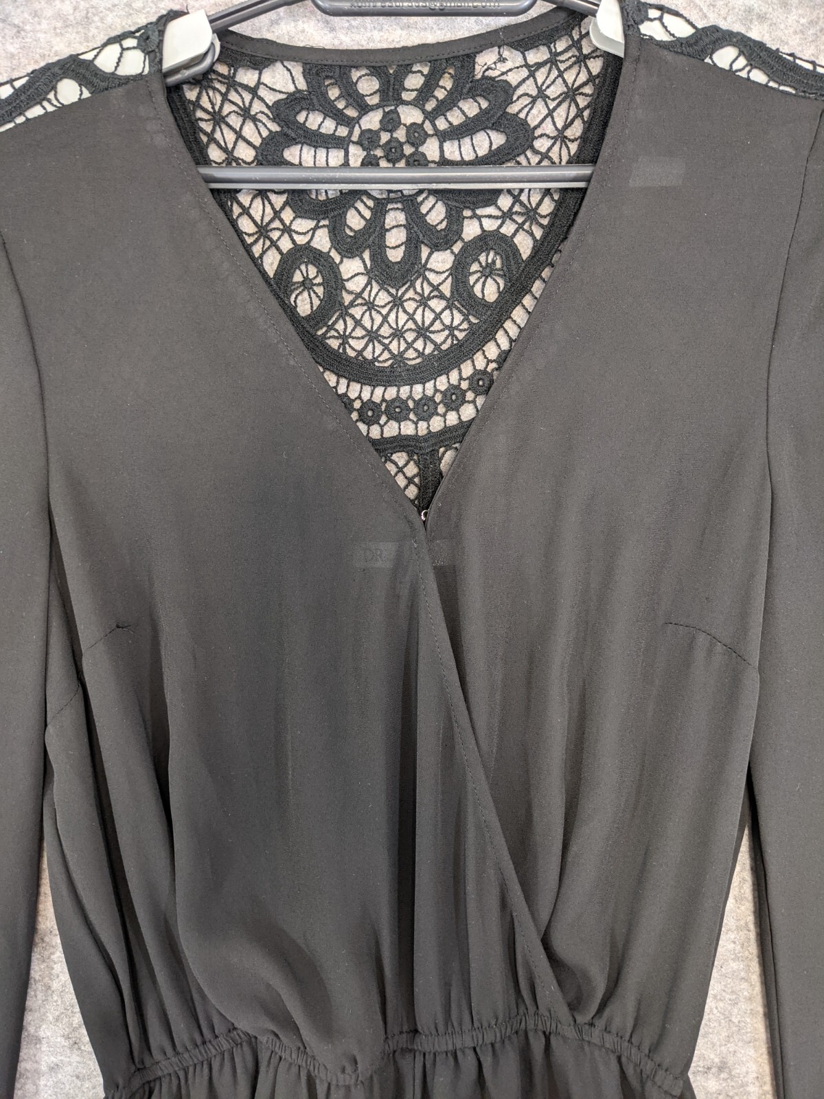 DR2 Romper Womens Small Black Sheer Top Lined Bottom Long Sleeve Back Lace Inset
