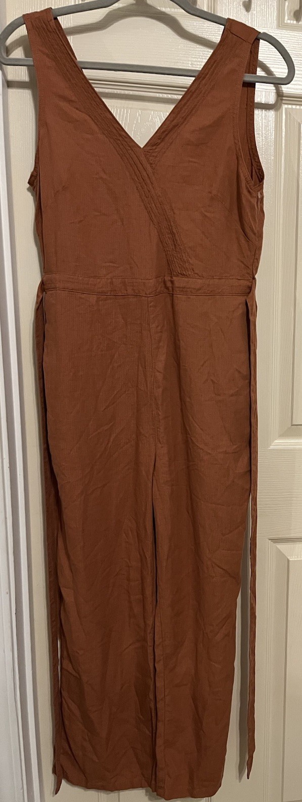 Kuhl Fresco Jumpsuit Sleeveless V-Neck Tie Waist Wide Leg Womens Small Clay GUC