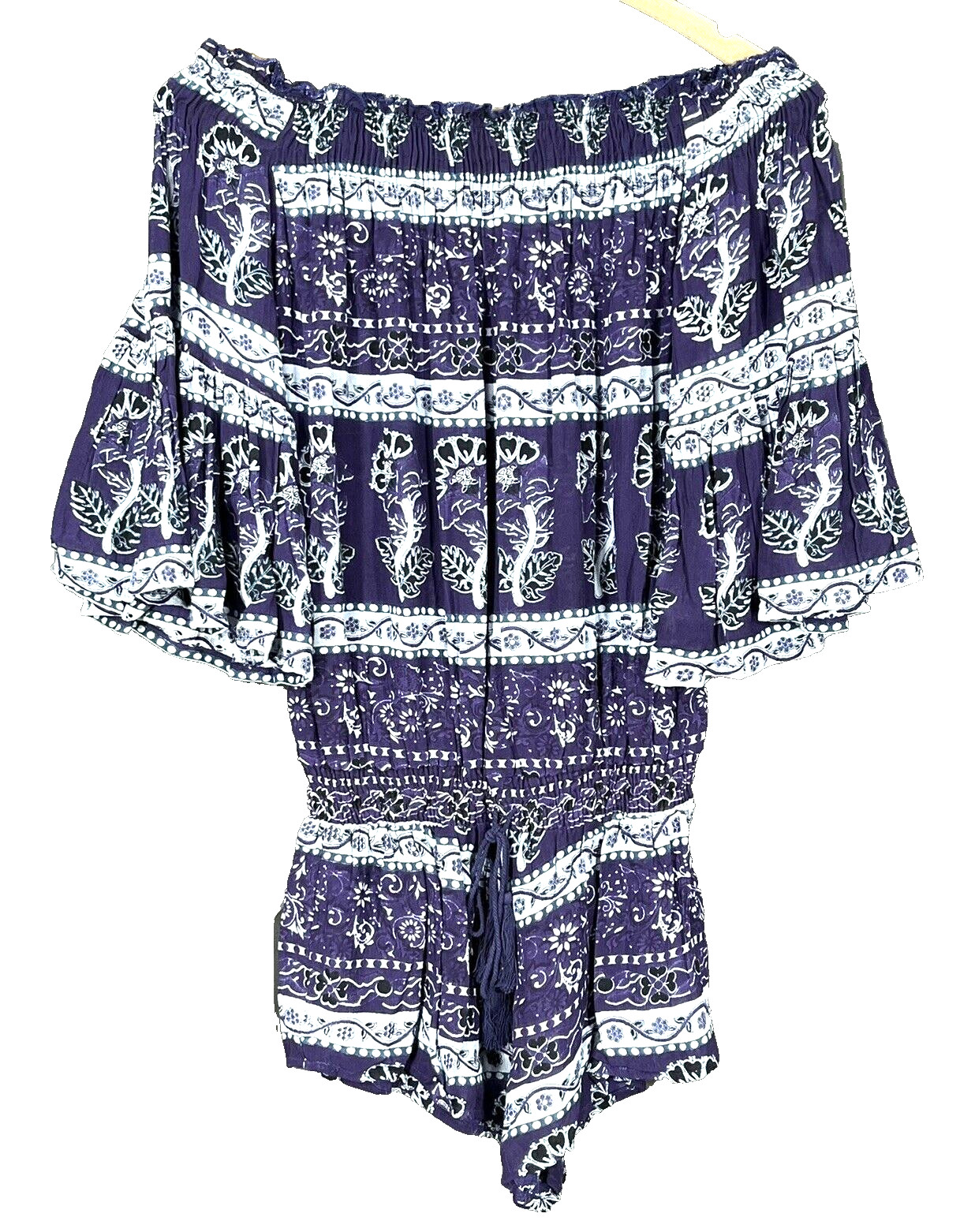 CHELSEA & VIOLET Purple Floral BOHO SHORTS ROMPER Off-Shoulder PEASANT Slouchy S