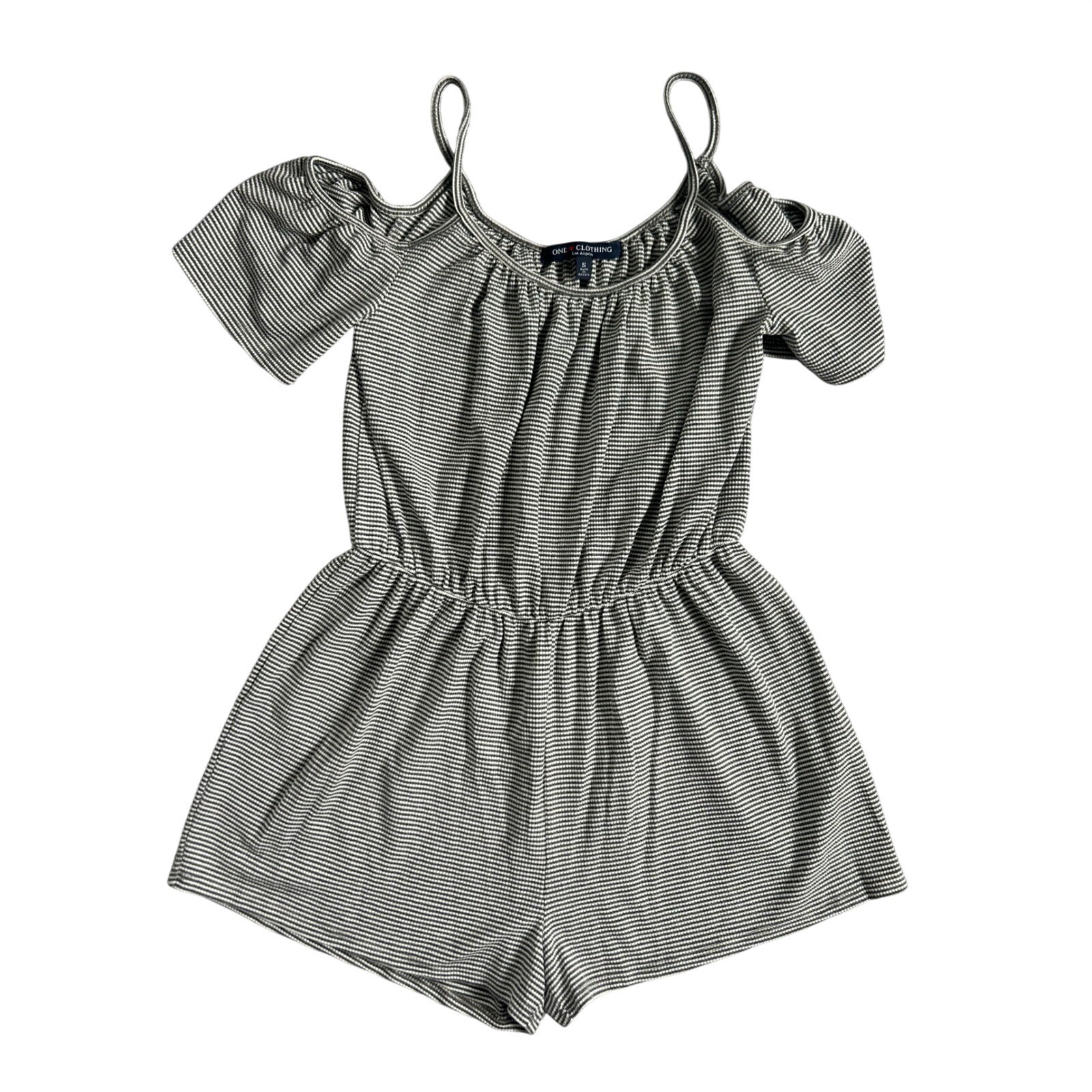 One Clothing Romper Women Grey White Striped Cold Shoulder Elastic Waist Size S