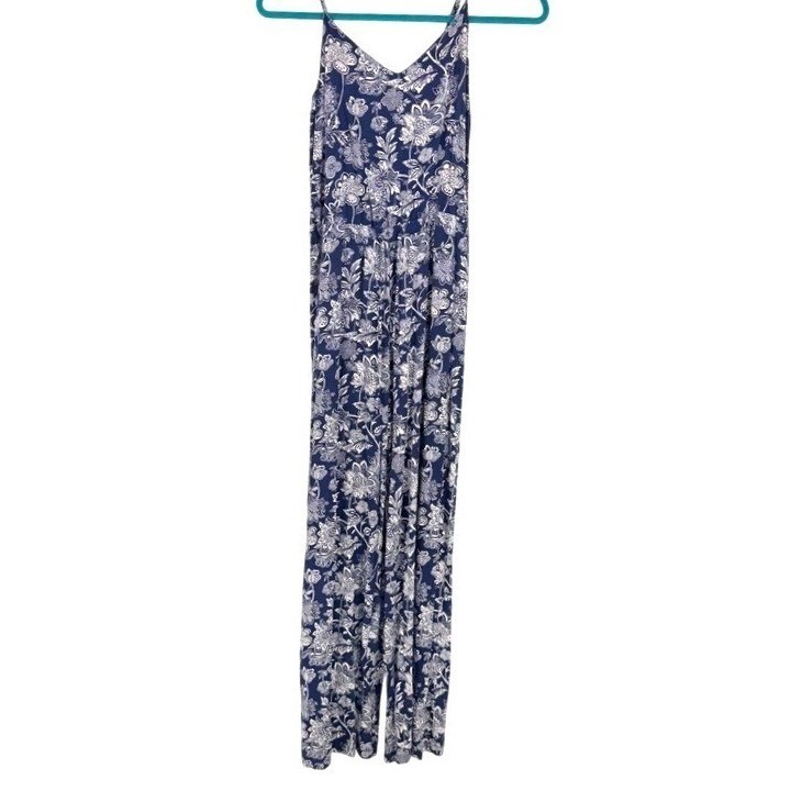 Navy Blue Floral Wide Leg Jumpsuit Medium Spaghetti Strap Elastic Boho Fairy Y2k