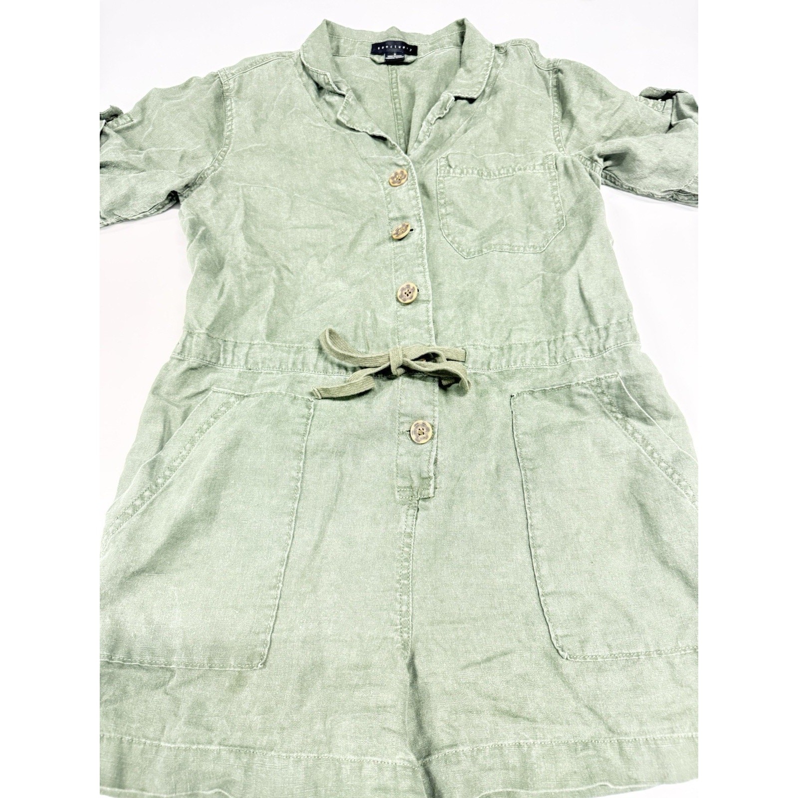 Anthropologie Sanctuary Adventurous Romper Green Button Front Drawstring Size S