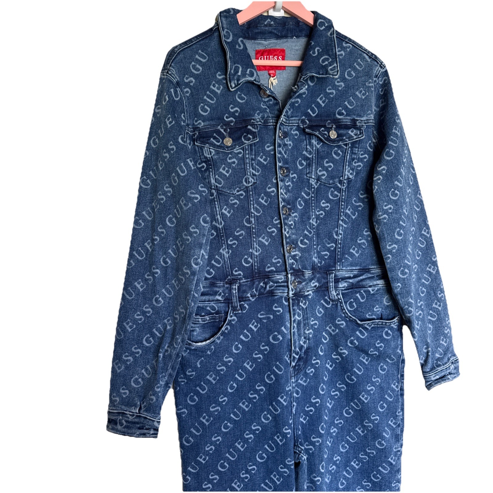 Guess Women Lorina Logo Denim Jumpsuit Medium Wash Blue Size XL NWT