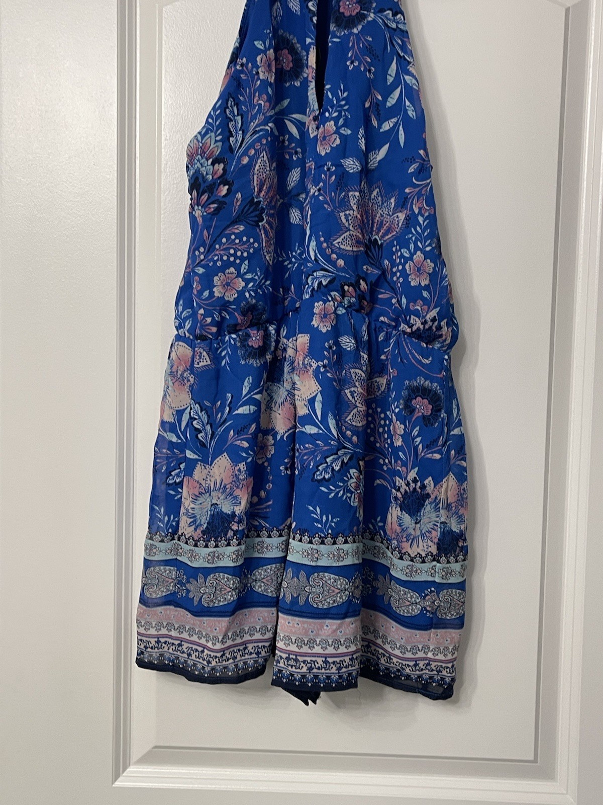 Coastal Blue Floral Romper M Women High Neck Jumpsuit Short Festival Outfit Boho