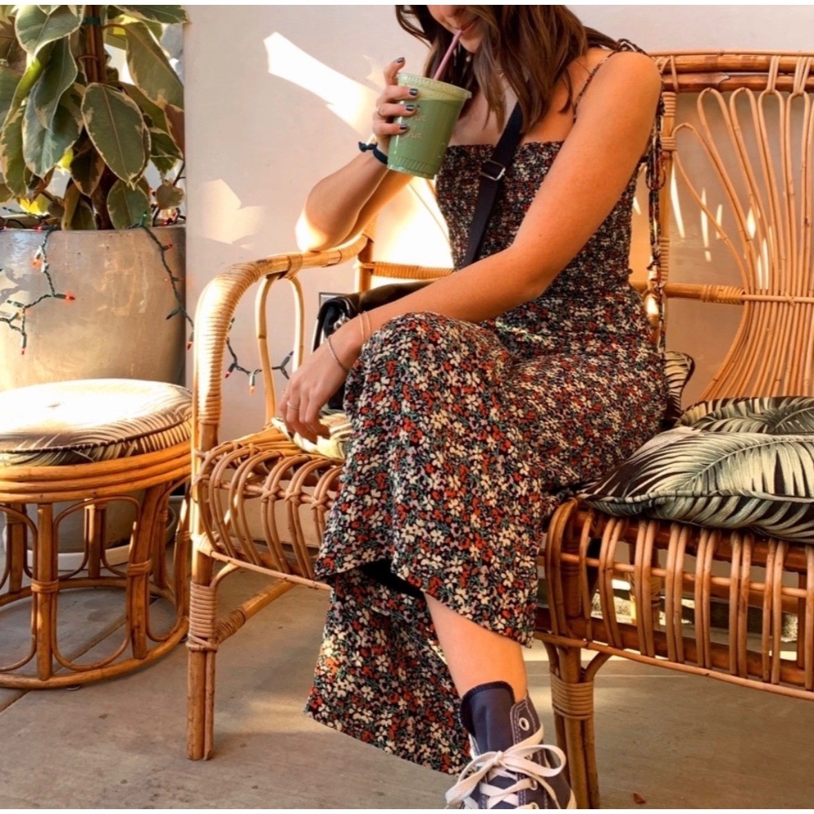Reformation Wide Leg Floral Jumpsuit Womens XS Smocked Bodice Tie Strap Boho