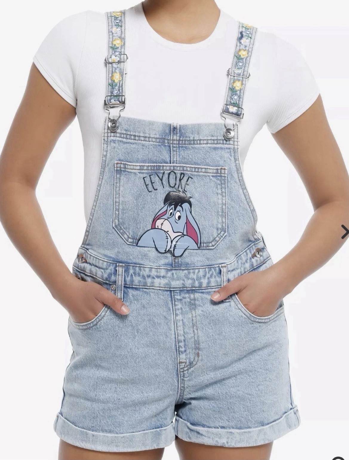 Disney Winnie The Pooh Eeyore denim shortfalls floral straps whimsical kawaii SM
