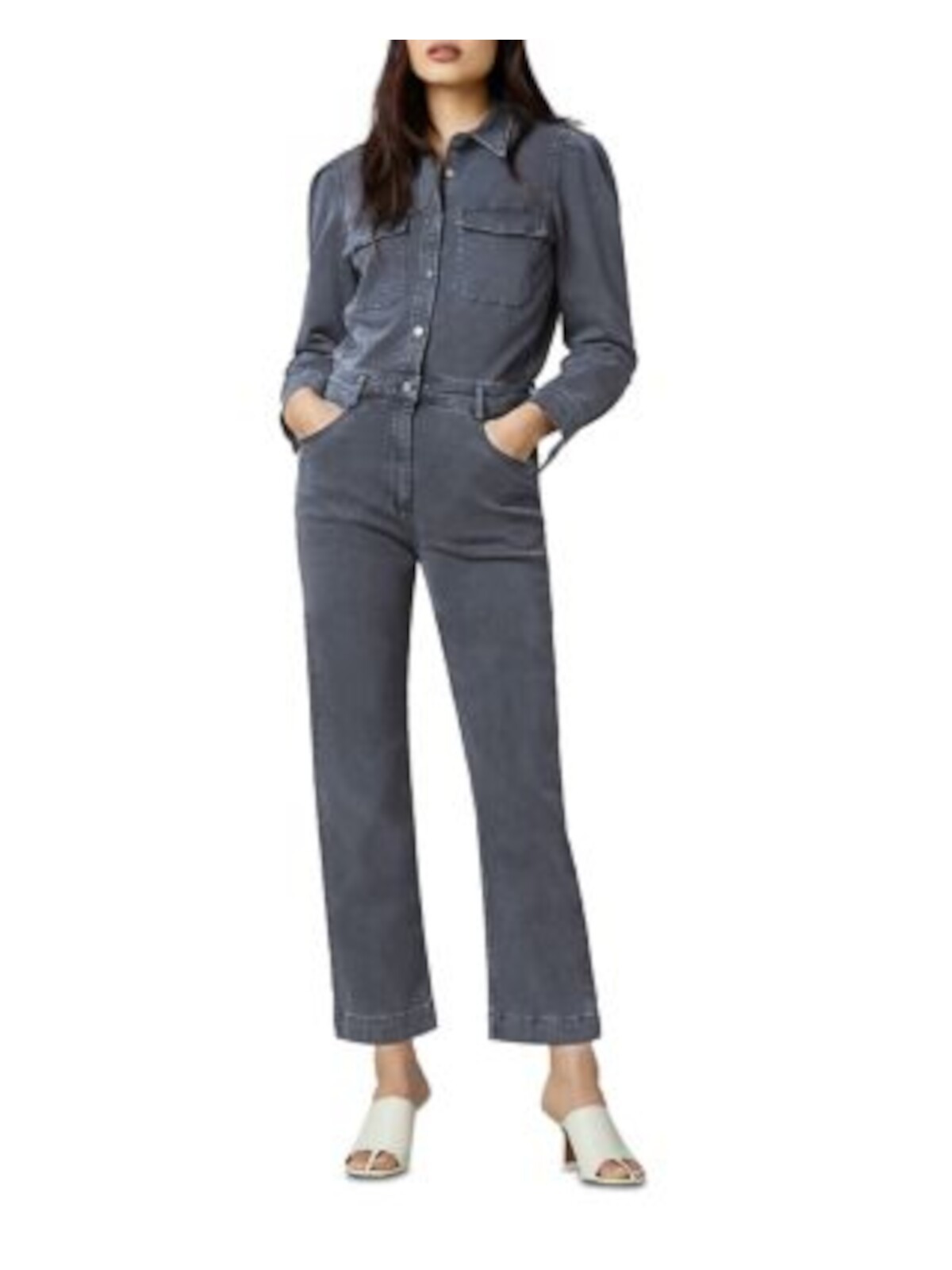 DL1961 Womens Gray Stretch Front Snap Coveralls Long Sleeve Collared Jumpsuit XS