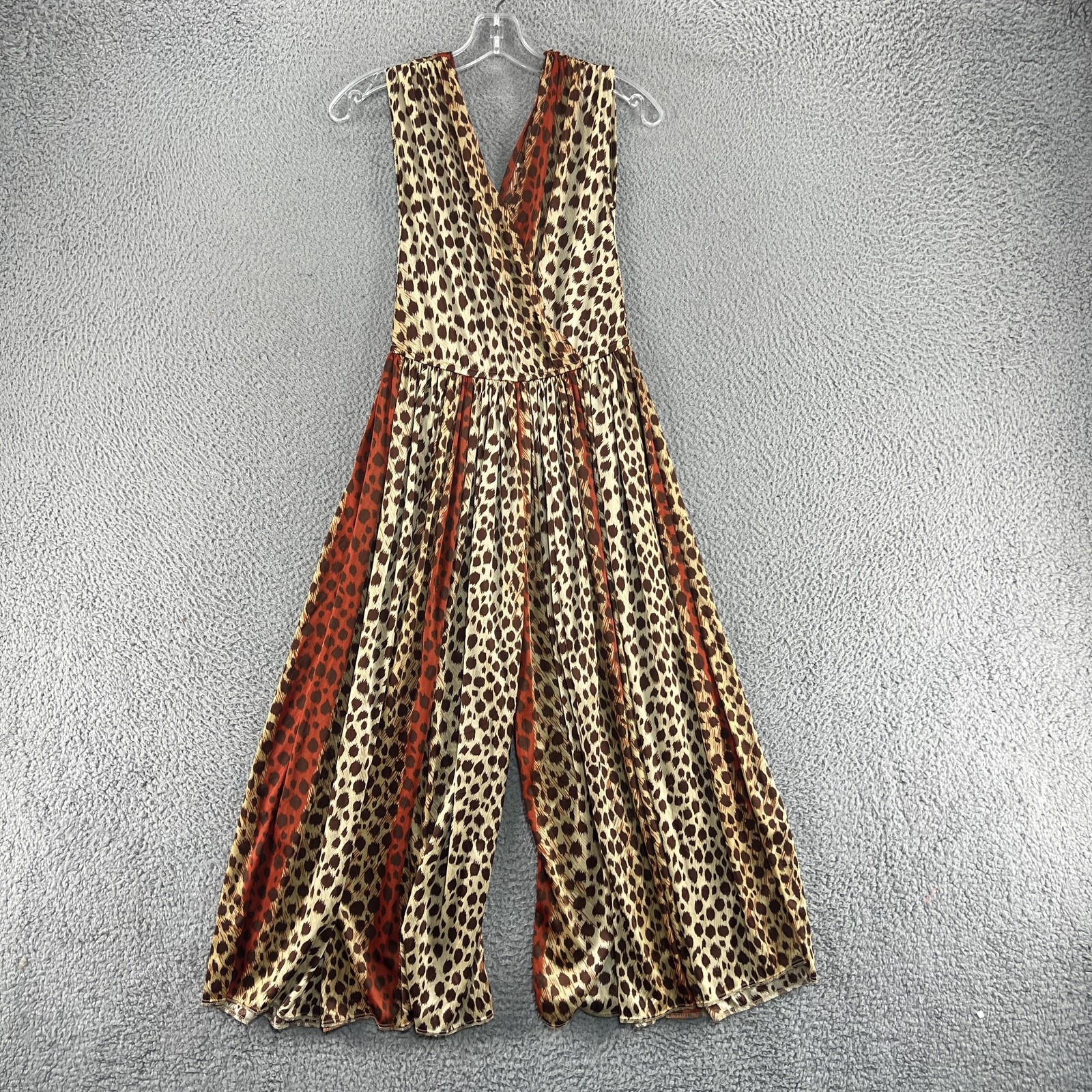 Vintage Tuff Stuff Jumpsuit Womens Medium Brown Animal Print Sleeveless Wide Leg
