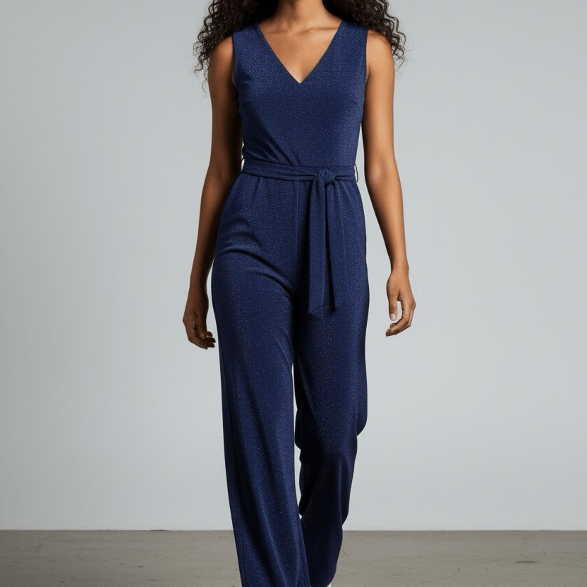 London Times 2 Shimmery Navy Blue Jumpsuit Glam Cocktail Professional Preppy