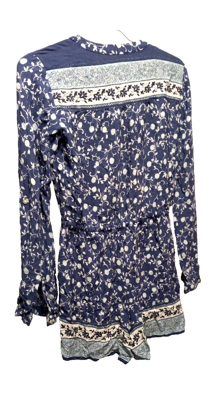 Ann Taylor Romper XS Blue Floral Lace High Neck Long Sleeve Adjustable Waist