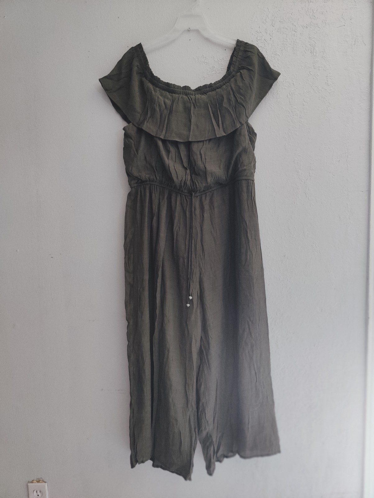 Woman’s Olive Green Off The Shoulder Jumpsuit Wide Leg