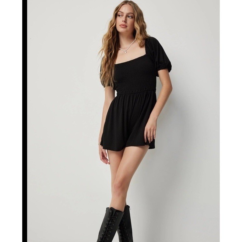 Women’s Black Romper Small Smocked Puff Sleeves Pocket Square Neckline BOHO