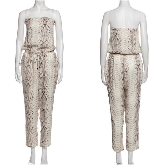 HAUTE HIPPIE Taupe Python Snake Print Silk Strapless Crop Pant Jumpsuit L = 10
