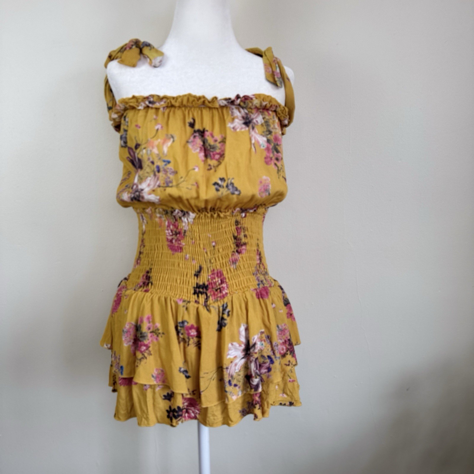 Blue Life Floral Smocked Waist Romper S Yellow Cottagecore Ballerina $180