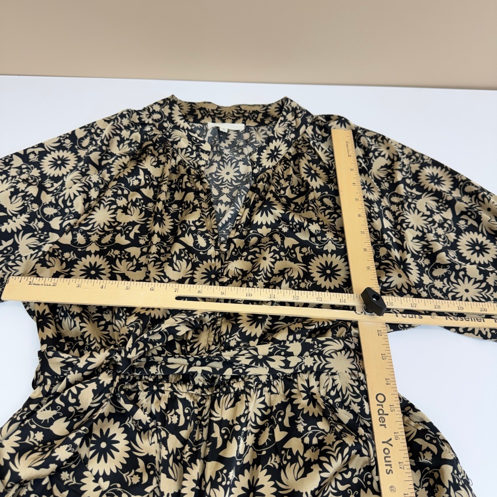MELLODAY Jumpsuit Womens Small Black Tan Floral Boho Wide Leg V Neck 70s Retro