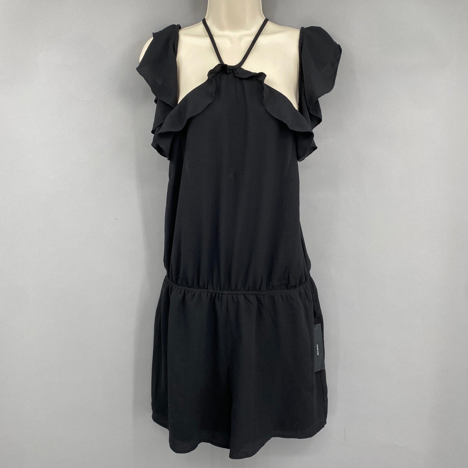 Lulus Ruffle Halter Open Back Romper Womens XL Black Off The Shoulder Ruffle