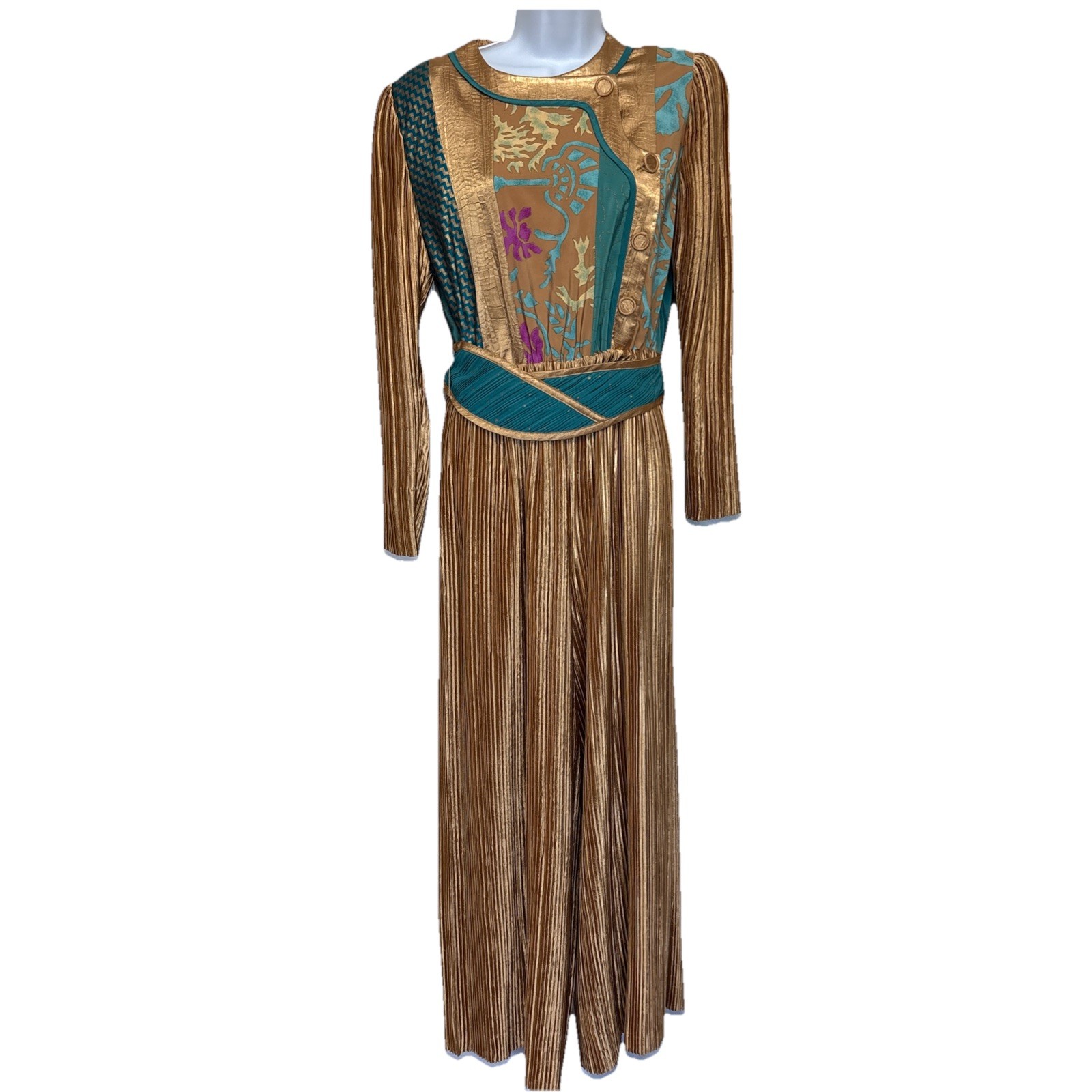 FABULOUS JEANNE-MARC One-Piece Pantsuit Jumpsuit Gold Pleated Sz S Retro 80s