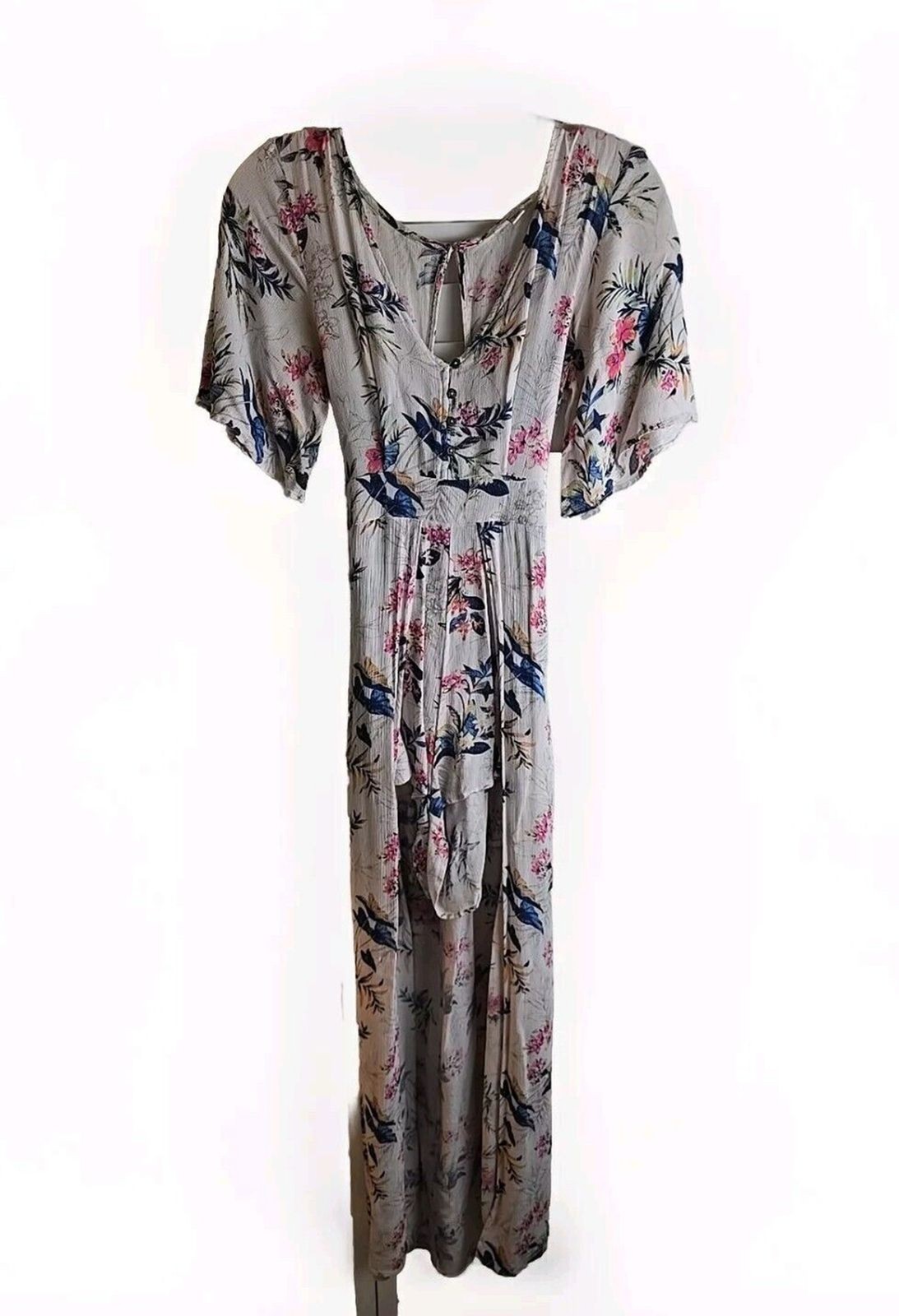 American Eagle Floral Maxi Romper Size 4 White Green Pink Open Back Kimono