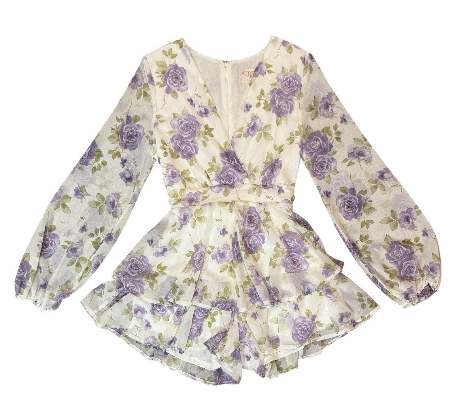 Audrey Parks Francesca’s White Purple Floral Puff Sleeve Romper Size Small EUC