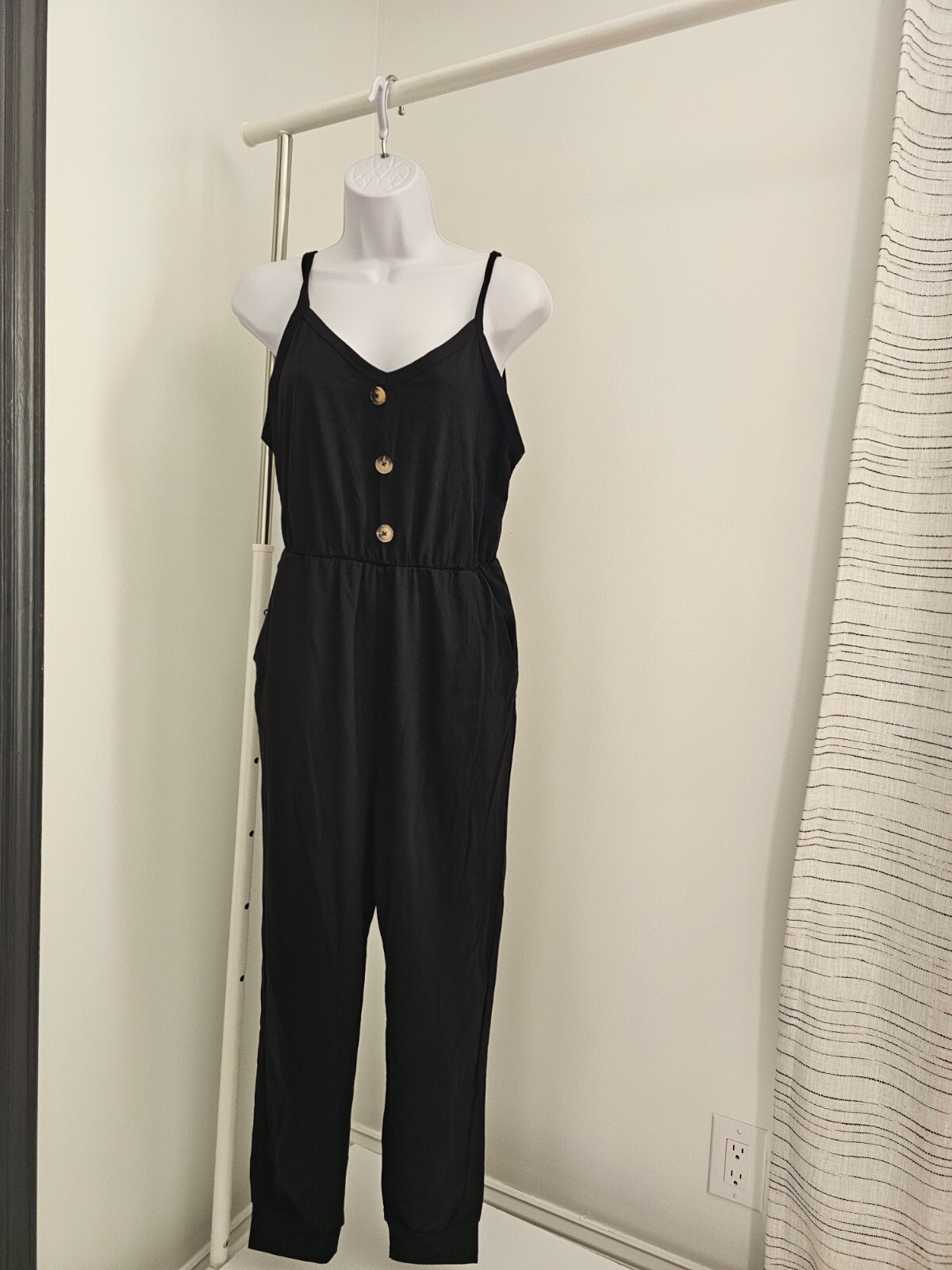 Women Button Front Slant Pocket Slip Jumpsuit with pockets Black Size M NEW