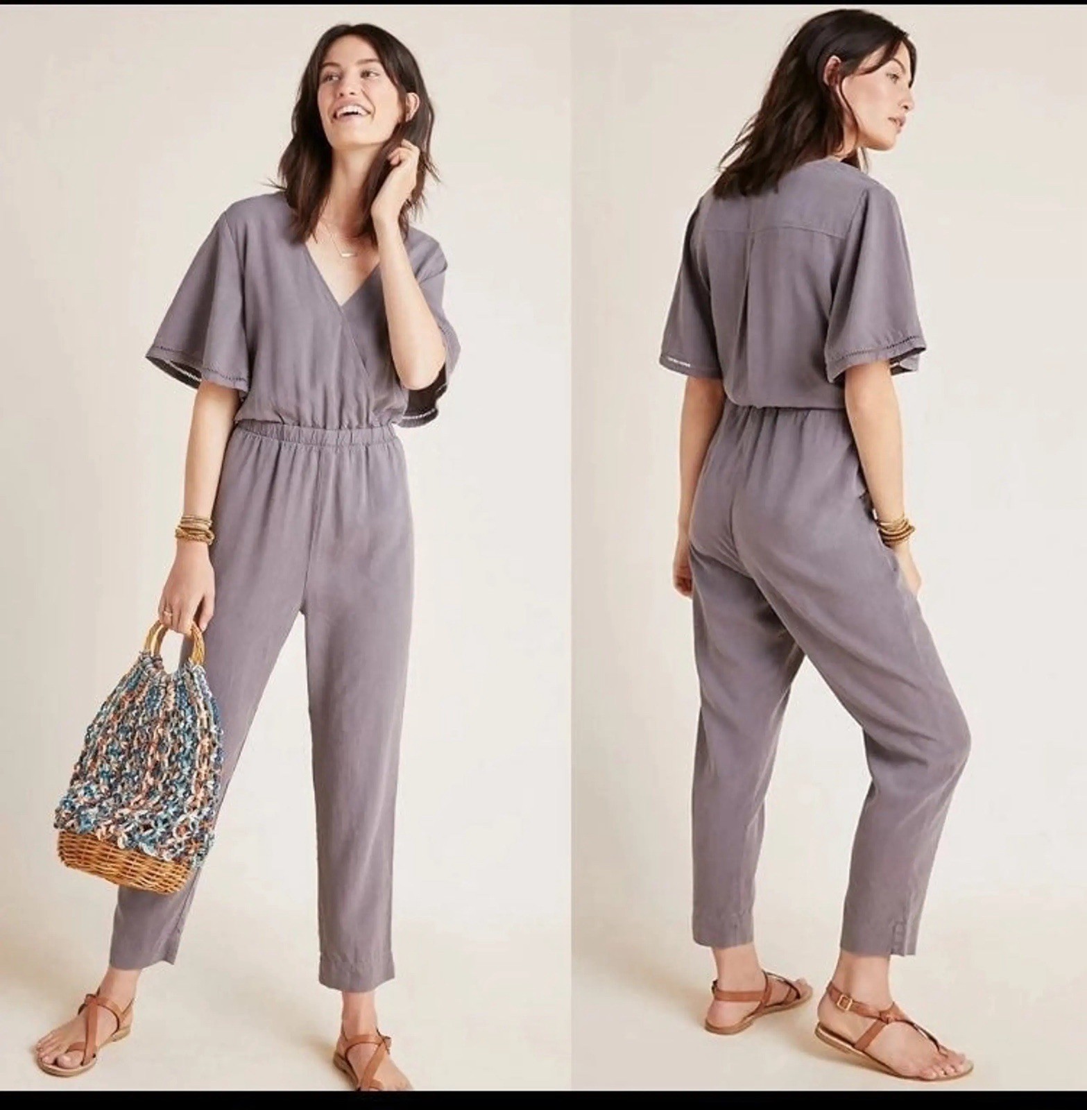 Anthropologie Cloth & Stone Gulpiyuri jumpsuit in Stone Grey Six L With Pockets