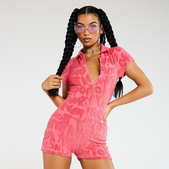 Pink Terry Cloth Embossed Letter Button Front Romper Short Sleeve XL