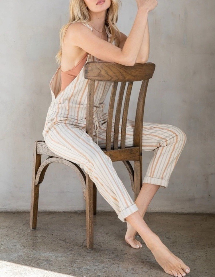 Anthropologie Cloth & Stone Linen Cream Tan Striped Overalls Small Boho Coastal