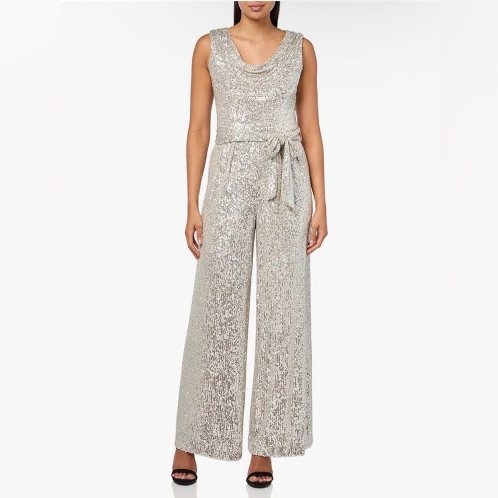 NWT Vince Camuto Silver Sequin Cowl Neck Sleeveless Tie Waist Wide Leg Jumpsuit