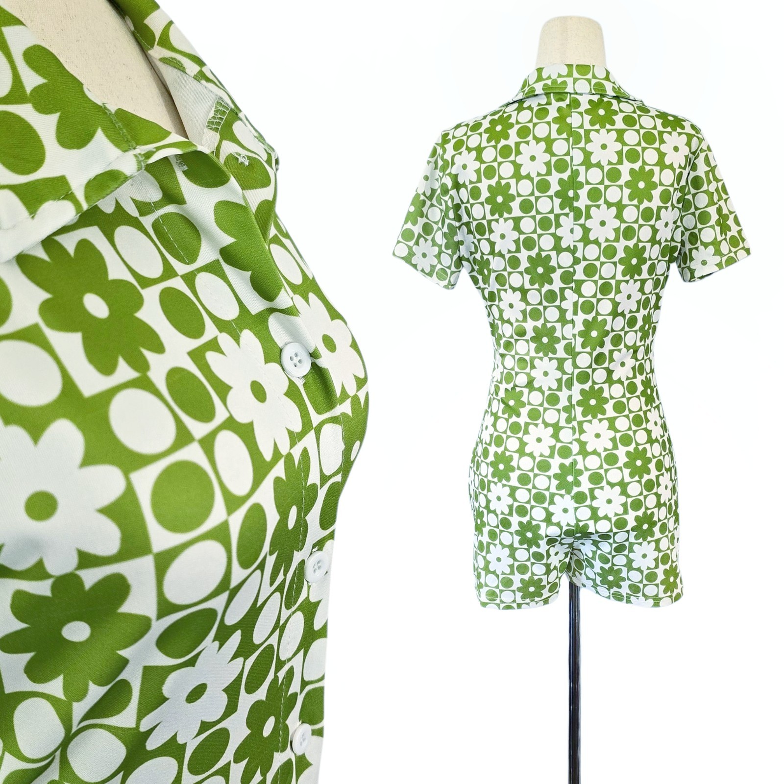 1960s Print Romper 60s Inspired Shorts Flower Power Green White XS Small Daisies