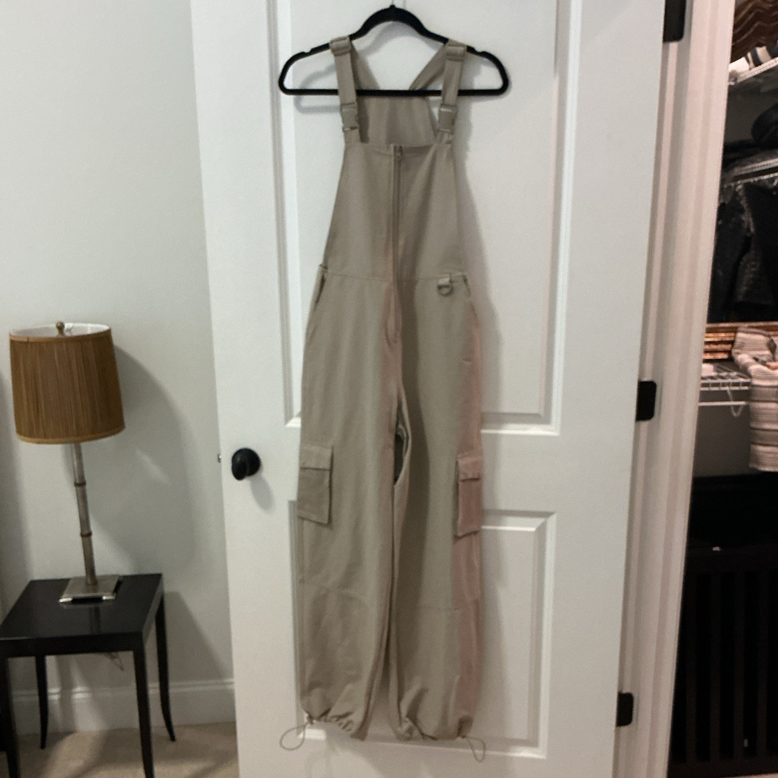 mono b Beige Ripstop Zip Front Sleeveless Jumpsuit Overalls Pockets S